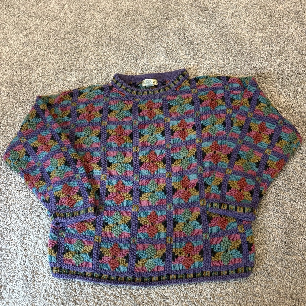 L.L. Bean Signature Cotton Thick Knit Sweater unique Purple Large Made In USA